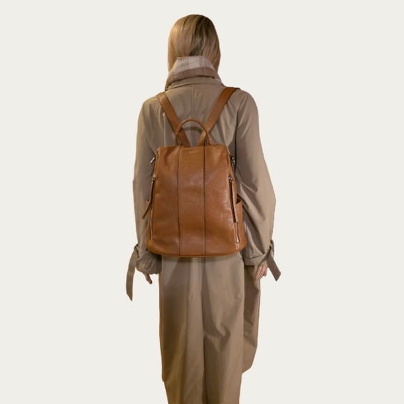 S-ZONE Brown Pebbled Leather Antit-Theft Backpack EUC - Picture 12 of 15